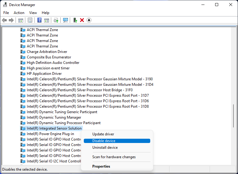 Intel Integrated Sensor Solution on Device Manager